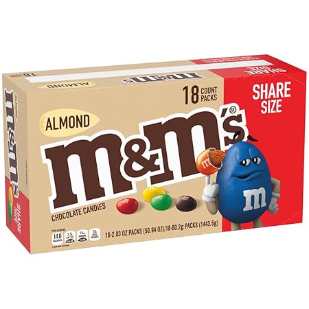 M&M'S Almond Chocolate Candy, Full Size 2.83 oz Bag, Pack of 18 Bulk Candy Chocolate