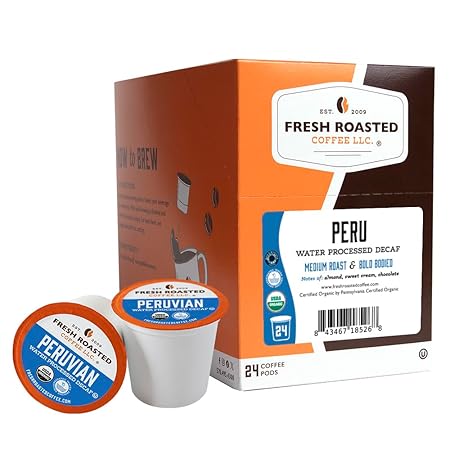Fresh Roasted Coffee, Organic Peru Water-Processed Decaf | Mold & Myco 3rd Party Tested, USDA Organic, Kosher | Med Roast 24 Pods for K Cup Brewers