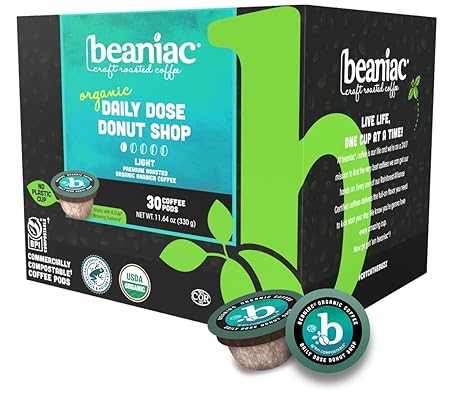 beaniac Organic Daily Dose Donut Shop, Light Roast, Single Serve Compostable K Cup Coffee Pods, Organic Arabica Coffee, Keurig Brewer Compatible, 30 Count