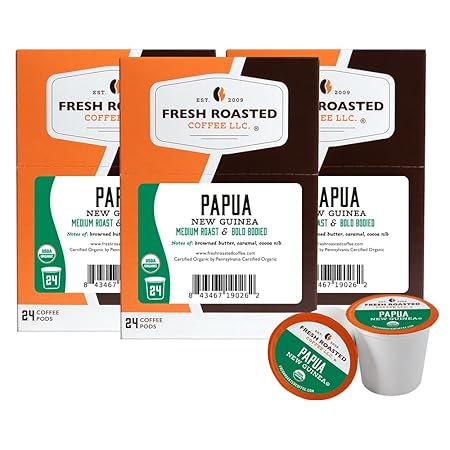 Fresh Roasted Coffee, Organic Papua New Guinea | USDA Organic, 100% Single Origin, Kosher | Medium Roast 72 Pods for K Cup Brewers