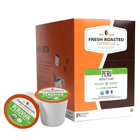 Fresh Roasted Coffee, Organic Peru Water-Processed Half-Caf | Mold & Myco 3rd Party Tested, USDA Organic, Kosher | Med Roast 24 Pods for K Cup Brewers