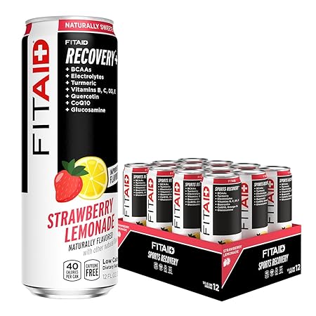 FITAID Post Workout Recovery Drink, Strawberry Lemonade, BCAAs, Glucosamine, Electrolytes, All In One Can, Paleo, Vegan & Gluten-Free, 40 Calories, 12 Fl Oz (Pack of 12)