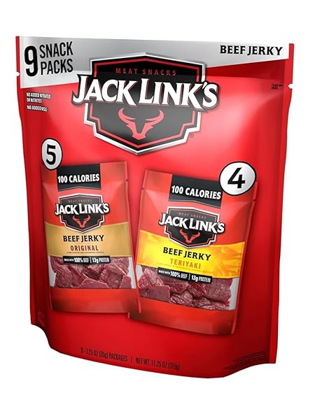 Jack Link's Beef Jerky Variety Pack - Includes Original and Teriyaki Jerky, Bulk Protein Snack Pack, Good Source of Protein, Meat Snacks Made with 100% Beef, Individual Bags - 1.25 Oz (Pack of 9)