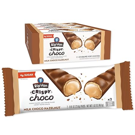 Rip Van Crispy Choco - Milk Chocolate Coated Hazelnut Wafer Bars - Low Sugar Fudge and Hazelnut Cream Filled Snack - 12 Pack