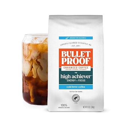 Bulletproof The High Achiever Coarse Ground Cold Brew Coffee, 10 Ounces, Medium-Dark Roast Enhanced Coffee with Lion's Mane Mushroom, B Vitamins, and Adaptogens for Energy and Focus