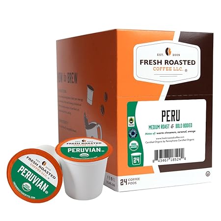 Fresh Roasted Coffee, Organic Peru | Mold & Myco 3rd Party Tested, USDA Organic, Kosher | Med Roast 24 Pods for K Cup Brewers