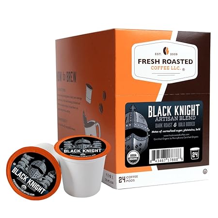 Fresh Roasted Coffee, Organic Black Knight | USDA Organic, Kosher | Dark Roast 24 Pods for K Cup Brewers