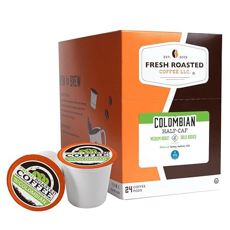 Fresh Roasted Coffee,100% Water Processed Half-Caf Colombian, Kosher, K-Cup Compatible, 24 Pods