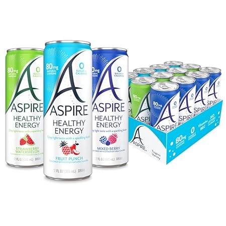 ASPIRE® The Fan Favorite Variety Pack, Healthy Energy Drink 80mg Natural Caffeine, Zero Sugar No Carbs Keto Friendly, 12 Pack Green Tea Sugar Free Drink Low Caffeine Zero Calorie