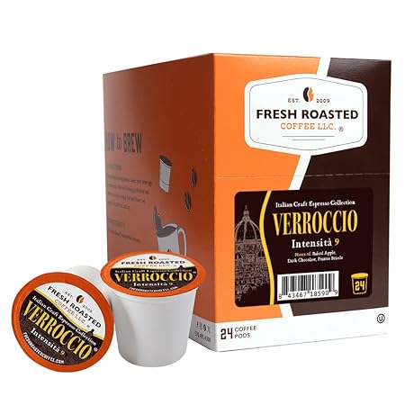 Fresh Roasted Coffee, Verroccio Italian Craft Artisan Blend, Dark Roast, Kosher, 24 Pods for K cup Brewers