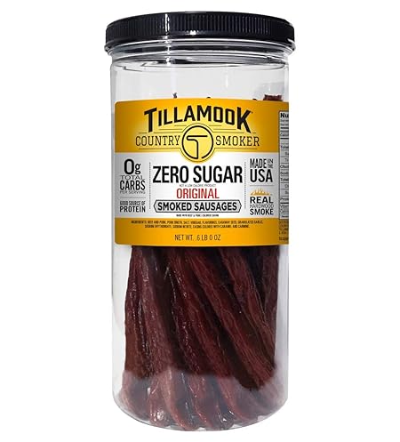 Tillamook Country Smoker Keto Friendly Zero Sugar Smoked Sausages, Original, 12 Ounce Tall Jar, 17 Count
