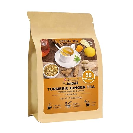 FullChea - Turmeric Ginger Tea Bags, 50 Count, 2g/bag - Premium Turmeric & Ginger- Non-GMO - Caffeine-free - Boost Immunity & Aid Digestion