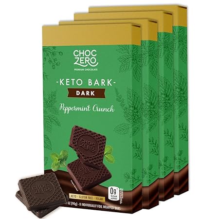 ChocZero Dark Chocolate Peppermint Keto Bark, Sugar Free, Low Carb, High Fiber, Vegan & Gluten Free, Individually Wrapped Squares, 3.2 Ounce (Pack of 4)