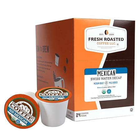 Fresh Roasted Coffee, Organic Mexican Water-Processed Decaf | USDA Organic, 100% Single Origin, Kosher | Medium Roast 24 Pods for K Cup Brewers