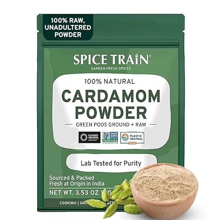Cardamom Powder (100g/3.53oz) Gluten Free, Raw Ground Elaichi for Cooking, Smoothies, Lattes, Masala Tea, Packed in Resealable Zip Lock Pouch