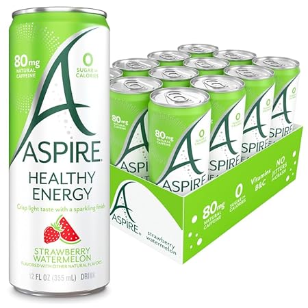 ASPIRE® Strawberry Watermelon, Healthy Energy Drink 80mg Natural Caffeine, Zero Sugar No Carbs Keto Friendly, 12 Pack Green Tea Sugar Free Drink Low Caffeine Zero Calorie