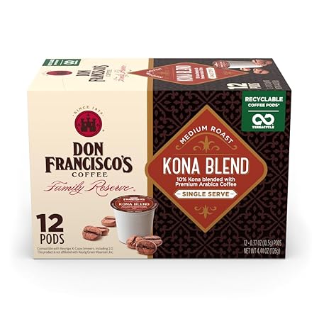 Don Francisco's Kona Blend Coffee - 12 K-Cup Compatible Single-Serve Pods - 10% Kona - Recyclable through TerraCycle - Compatible with Keurig Brewers