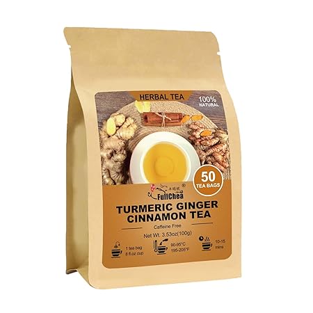 FullChea - Turmeric Ginger Cinnamon Tea Bags, 50 Count, 2g/bag - Premium Turmeric, Ginger, Cinnamon - Non-GMO - Caffeine-free - Aid Digestion & Boost Immunity