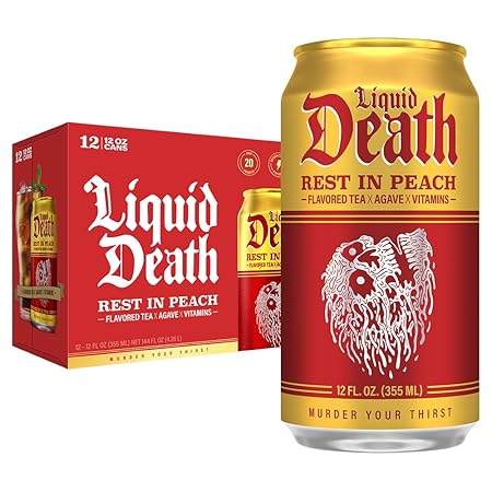 Liquid Death, Rest in Peach Iced Tea, 12-Pack (12 oz Cans), Peach Flavored Black Tea, Low Calorie, No Artificial Sweeteners, B12 & B6 Vitamins