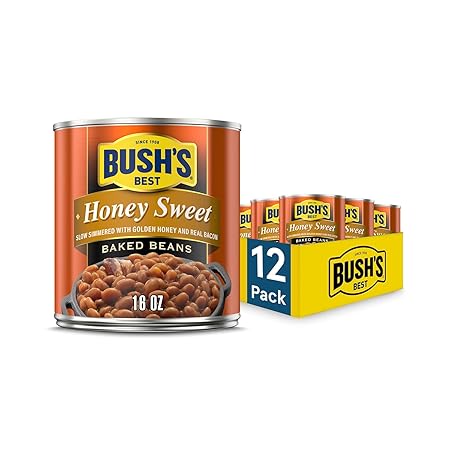 BUSH'S BEST 16 oz Canned Honey Sweet Baked Beans, Source of Plant Based Protein and Fiber, Low Fat, Gluten Free, (Pack of 12)
