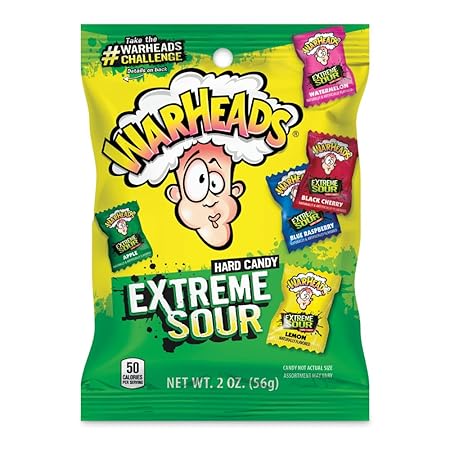 WARHEADS - Extreme Sour Hard Candy - Assorted Flavors - Sour Apple, Black Cherry, Blue Raspberry, Lemon & Watermelon Flavors - 2 oz. Bag