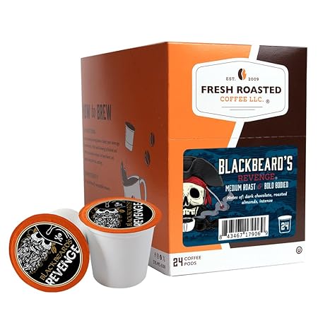 Fresh Roasted Coffee, Blackbeard's Revenge, Medium Roast, 24 Pods for K Cup Brewers