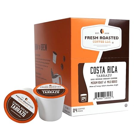 Fresh Roasted Coffee, Costa Rica Tarrazu, Medium Roast, 24 Pods for K Cup Brewers