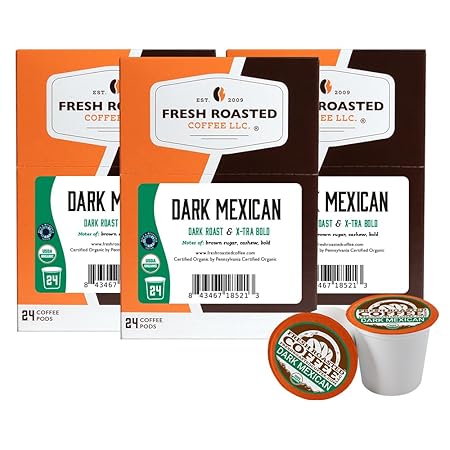 Fresh Roasted Coffee, Organic Dark Mexican | Mold & Myco 3rd Party Tested, USDA Organic, Kosher | Dark Roast 72 Pods for K Cup Brewers
