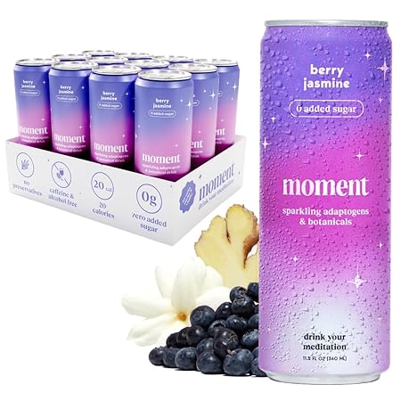 Moment Botanical Soda Soft Drink (Shark Tank) - SPARKLING Non Alcoholic Drinks | Berry Jasmine | L-Theanine & Ashwagandha for Calm & Clarity | 0 Added Sugar 0 Caffeine | 12-pack