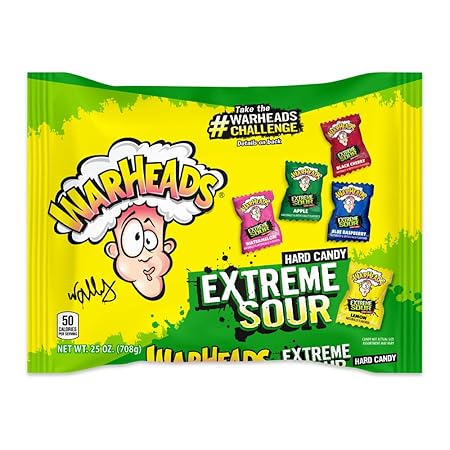 WARHEADS - Extreme Sour Hard Candy - Sour Apple, Black Cherry, Blue Raspberry, Lemon & Watermelon Flavors - 25 oz. Bag with 175 Pieces of Candy