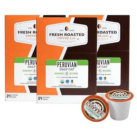 Fresh Roasted Coffee, Organic Peru Water-Processed Half-Caf | Mold & Myco 3rd Party Tested, USDA Organic, Kosher | Med Roast 72 Pods for K Cup Brewers