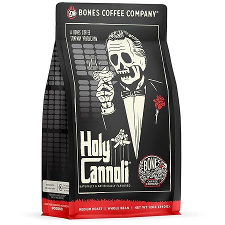 Bones Coffee Company Holy Cannoli, Baked Cannoli Flavored Coffee, Medium Roast Low Acid Arabica Beans Compatible with Auto drip and French Press Coffee Maker, 12 Oz Whole Bean