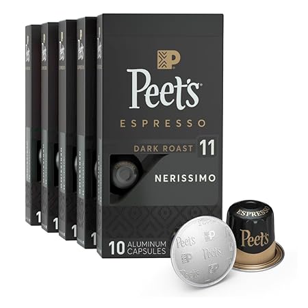 Peet's Coffee, Dark Roast Espresso Capsules, Compatible with Nespresso Original Machine - Nerissimo Intensity 11, 50 Count (5 Boxes of 10 Espresso Capsules)