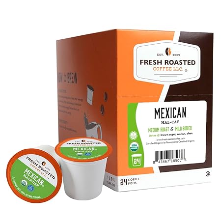 Fresh Roasted Coffee, Organic Mexican Water-Processed Half-Caf | USDA Organic, Kosher | Medium Roast 24 Pods for K Cup Brewers