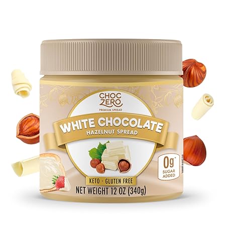 ChocZero Keto White Chocolate Hazelnut Spread - Keto Friendly, No Sugar Added, Best Low Carb Dessert, Perfect Topping for Breakfast, Naturally Sweetened with Monk Fruit (1 jar, 12 oz)