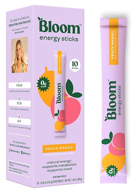 Bloom Nutrition Energy Drink Powder Packets, Sugar Free Energy Drink Mix with L-Theanine, B Vitamins & Natural Caffeine, On the Go Powder Sticks for Natural Energy, 10 Calories (10 Pouches (Pack of 1), Peach Mango)