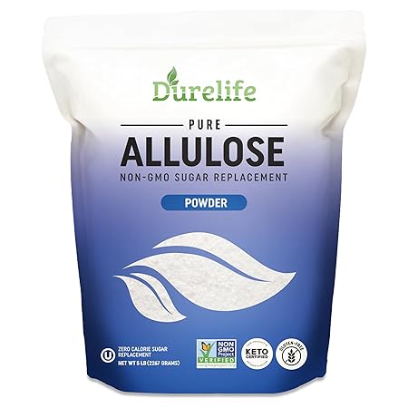 Durelife Allulose sweetener, 5 lb 100% Pure No Erythritol powdered Sugar Substitute, NON-GMO Project Verified, Keto Certified, OU kosher, No Fillers, Zero Calories sugar alternative 5 Lbs