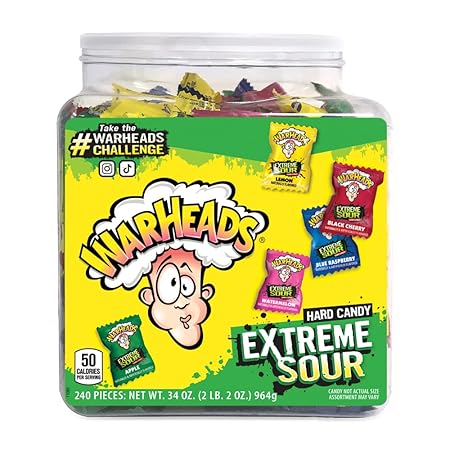 WARHEADS - Extreme Sour Hard Candy - Sour Apple, Black Cherry, Blue Raspberry, Lemon & Watermelon Flavors, Great For Parades - 34 oz. Tub