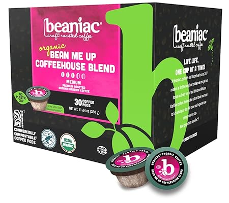 beaniac Organic Bean Me Up Coffeehouse Blend, Medium Roast, Single Serve Compostable K Cup Coffee Pods, Organic Arabica Coffee, Keurig Brewer Compatible, 30 Count