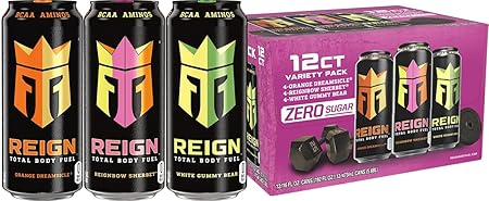 REIGN Total Body Fuel Variety Pack, Reign Orange Dreamsicle, Reign Reignbow Sherbet, Reign White Gummy Bear, Fitness & Performance Drink, 16 Fl Oz (Pack of 12)