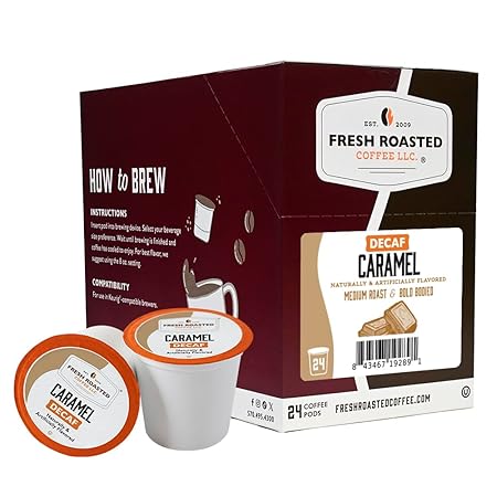 Fresh Roasted Coffee, Decaf Caramel, Flavored Coffee Pods, K-Cup Compatible, 24 Count