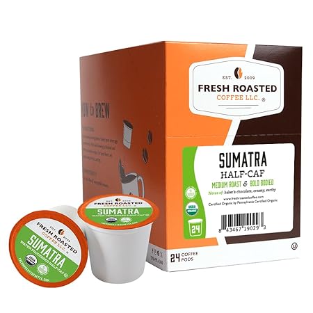 Fresh Roasted Coffee, Organic Sumatra Water-Processed Half-Caf | 100% Single Origin, USDA Organic, Kosher | Medium Roast K-Cup Compatible | 24 Pods