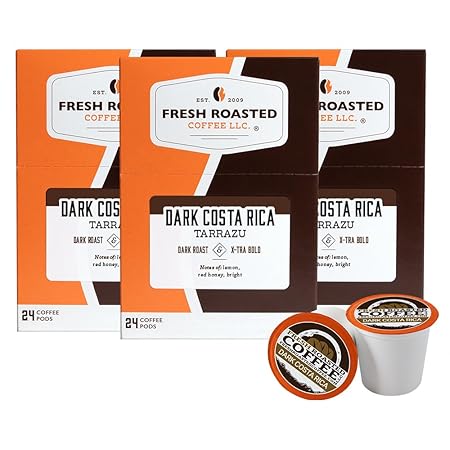 Fresh Roasted Coffee, Dark Costa Rica Tarrazu, Dark Roast, 72 Pods for K Cup Brewers