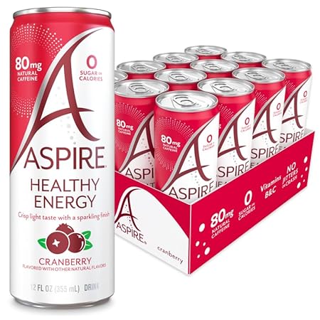 ASPIRE® Cranberry, Healthy Energy Drink 80mg Natural Caffeine, Zero Sugar No Carbs Keto Friendly, 12 Pack Green Tea Sugar Free Drink Low Caffeine Zero Calorie