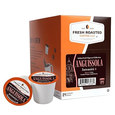 Fresh Roasted Coffee, Anguissola Italian Craft Artisan Blend, Dark Roast, Kosher, 24 Pods for K cup Brewers