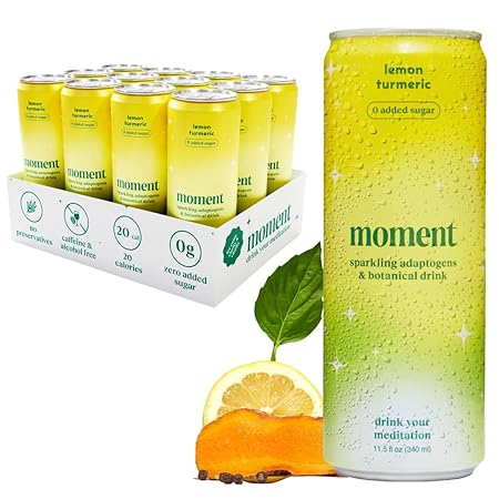 Moment Botanical Soda Soft Drink (Shark Tank) - SPARKLING Non Alcoholic Drinks | Lemon Turmeric | | L-Theanine & Ashwagandha for Calm & Clarity | 0 Added Sugar 0 Caffeine | 12-pack