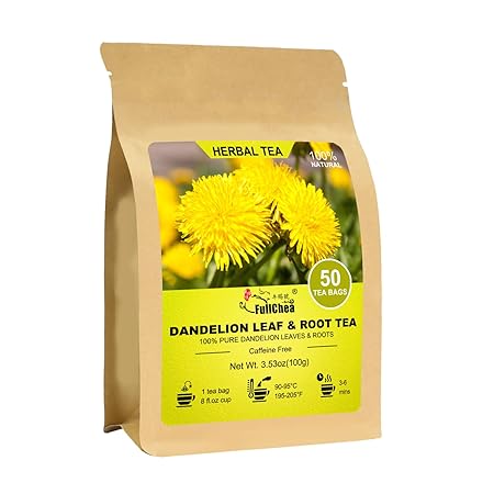 FullChea - Dandelion Leaf & Root Tea bags, 50 Teabags - Natural Dandelion Herbal Tea for Liver & Kidney Health - Non-GMO - Caffeine-free - Support Digestion & Boost Immune System