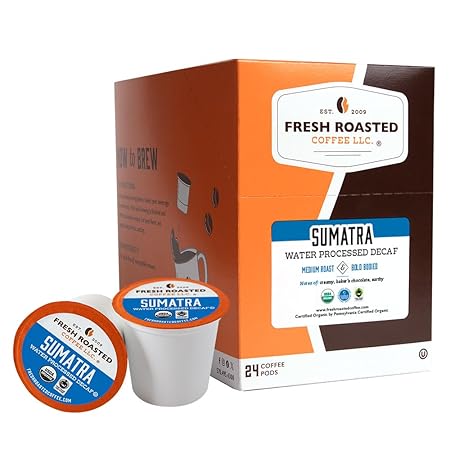 Fresh Roasted Coffee, Organic Sumatra Water-Processed Decaf | 100% Single Origin, USDA Organic, Kosher | Medium Roast K-Cup Compatible | 24 Pods