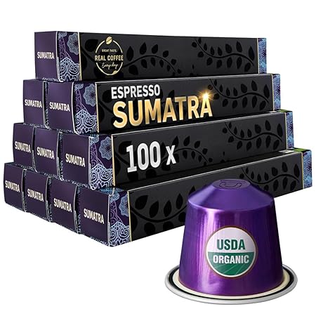 ‘Sumatra’ Organic Italian Espresso for Nespresso | 100 Organic Aluminum Capsules | Single-Origin Dark Roast | 100% Nespresso Compatible Pods | Fairtrade | Package May Vary