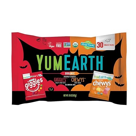 YumEarth Organic Halloween Giggles and Chewys Candy Variety Bag - Allergy Friendly (Top 9 Free), No Artificial Dyes or Flavors, Non GMO, Gluten Free, Vegan Candy Snacks - 15 oz (Pack of 30)